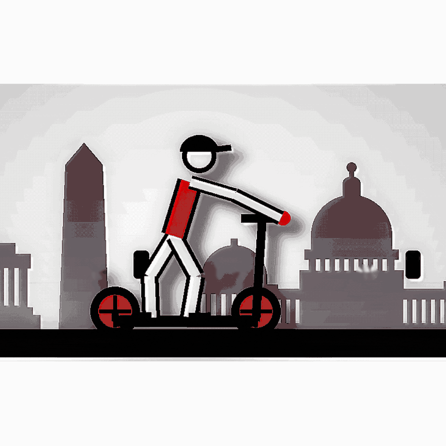 Animated demo of a rider kicking off the ground and then pressing the throttle on an electric scooter.
